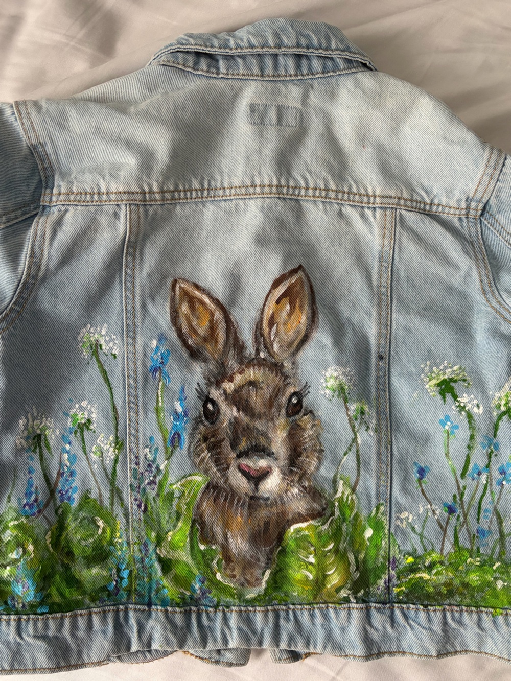 Hand-Painted Light Denim Kids Jacket with Bunny Design